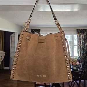Michael Kors Tan Suede and Gold Shoulder Bag.